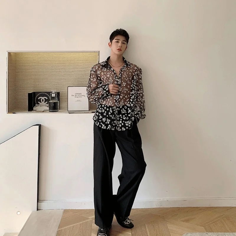 Летняя модная Гавайская Мужская рубашка с цветами газовая прозрачная на