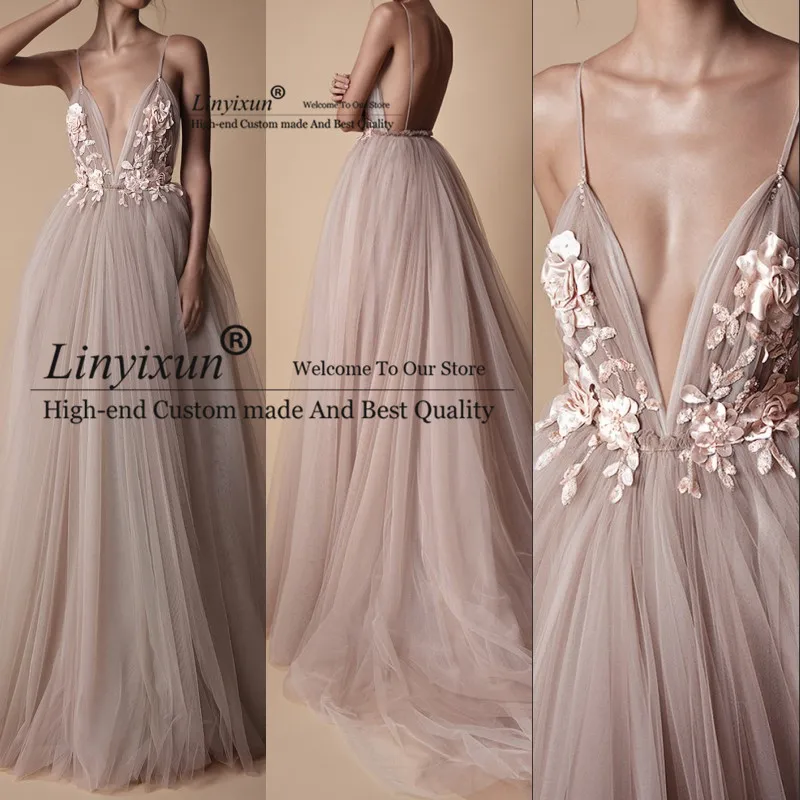 

Sexy Tulle Long Evening Dress 2020 New Arrival Backless Court Train Flowers Blush A Line Special Occasion Prom Gowns Custom Made