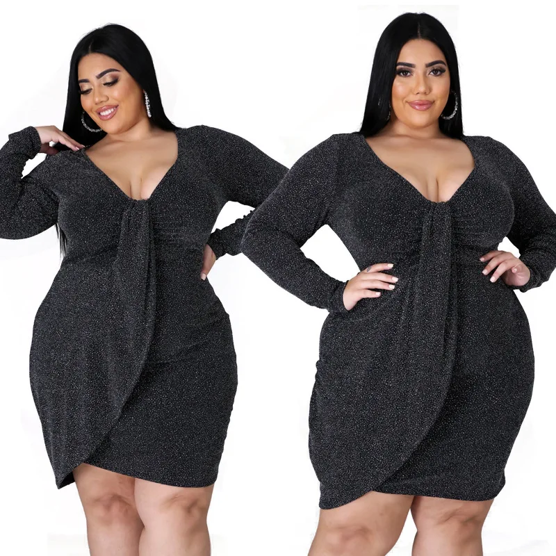 

High Quality Women Solid Bodycon Mini Dress Sexy Deep V-neck Nightclub Wear Plus Size Female's Autumn Winter New Dresses