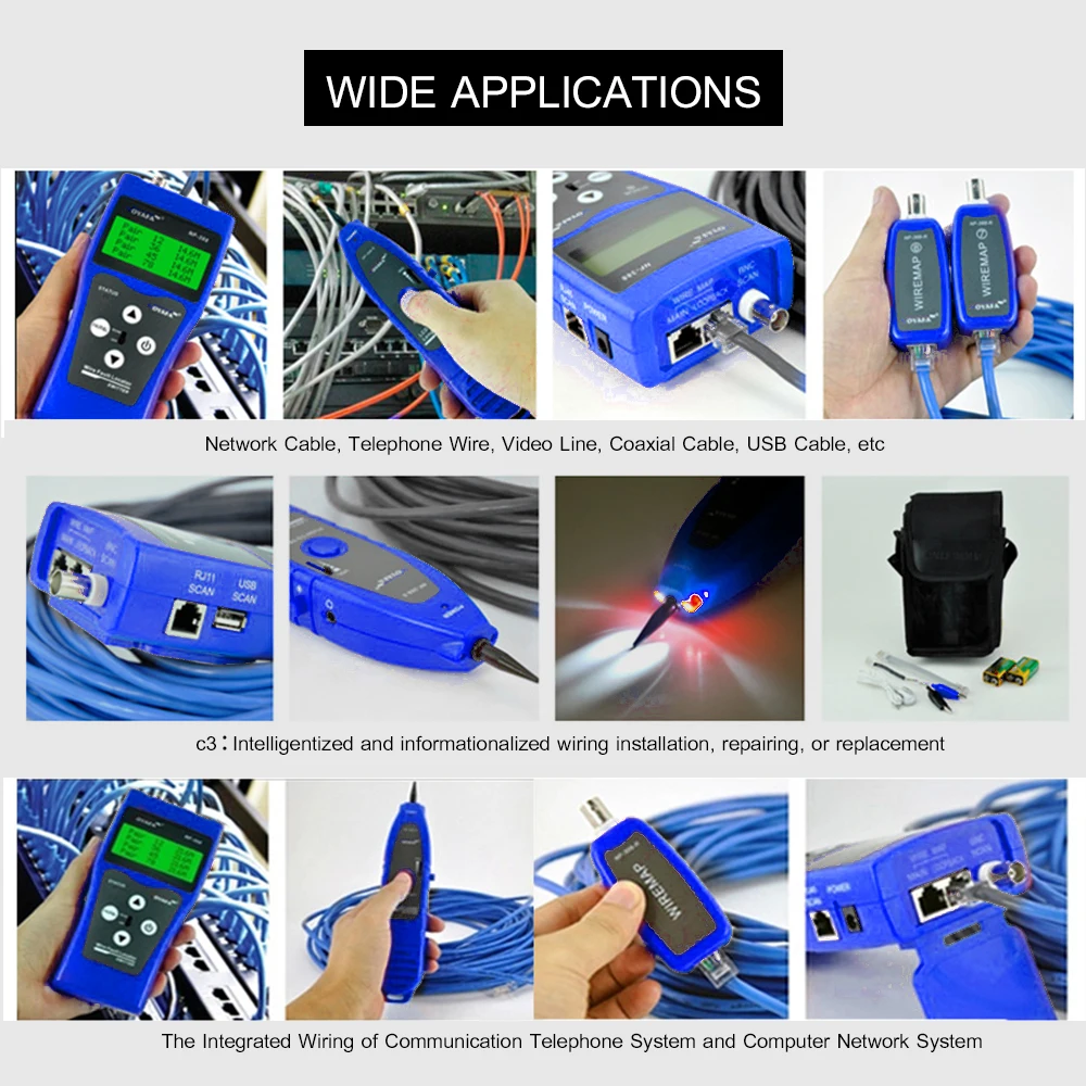 

LCD Network Cable Tester Wire Tracker RJ11 RJ45 BNC Wire Length Finder Line Finder LAN Cable Tester with 8 Remote Adapters