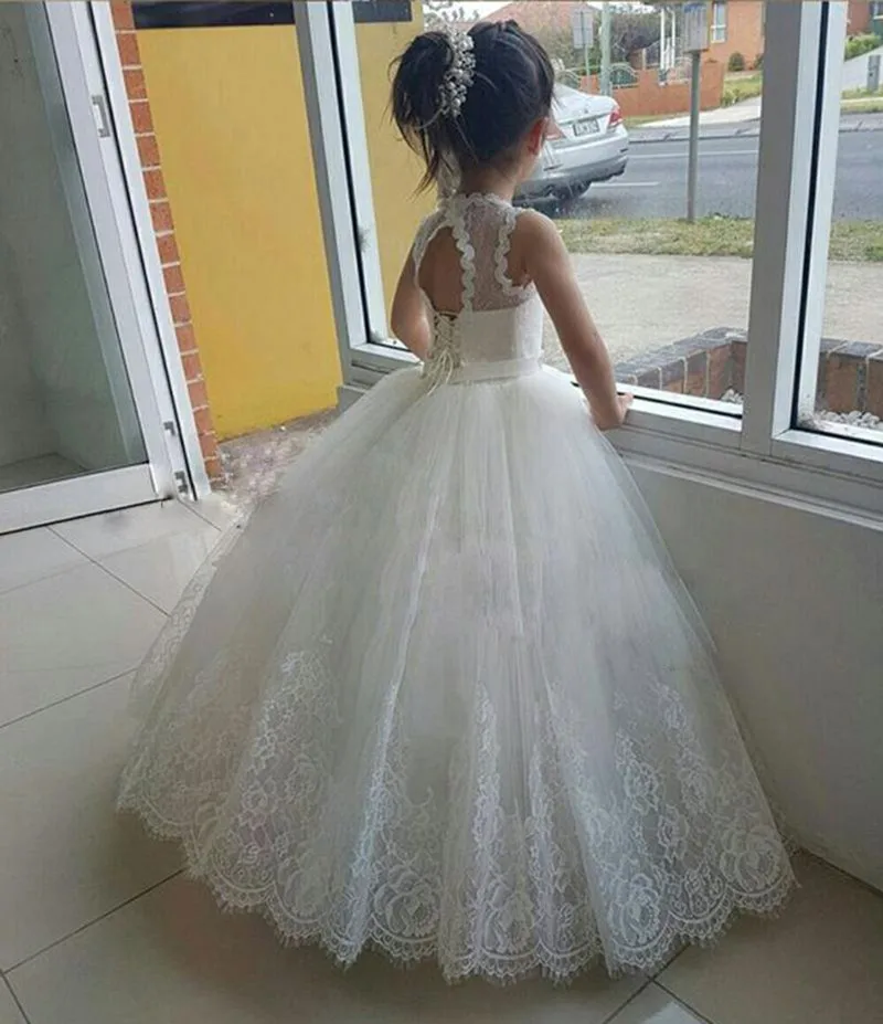 

NEW Flower Girl Dresses Kids Tulle Dress Lace Beaded Belt Princess First Communion Dress Kid Size 1-14Y