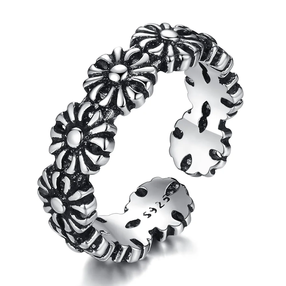 

Женское кольцо в стиле ретро, простое регулируемое кольцо из тайского стерлингового серебра с цветком панк, дизайнерское Ювелирное Украшен...