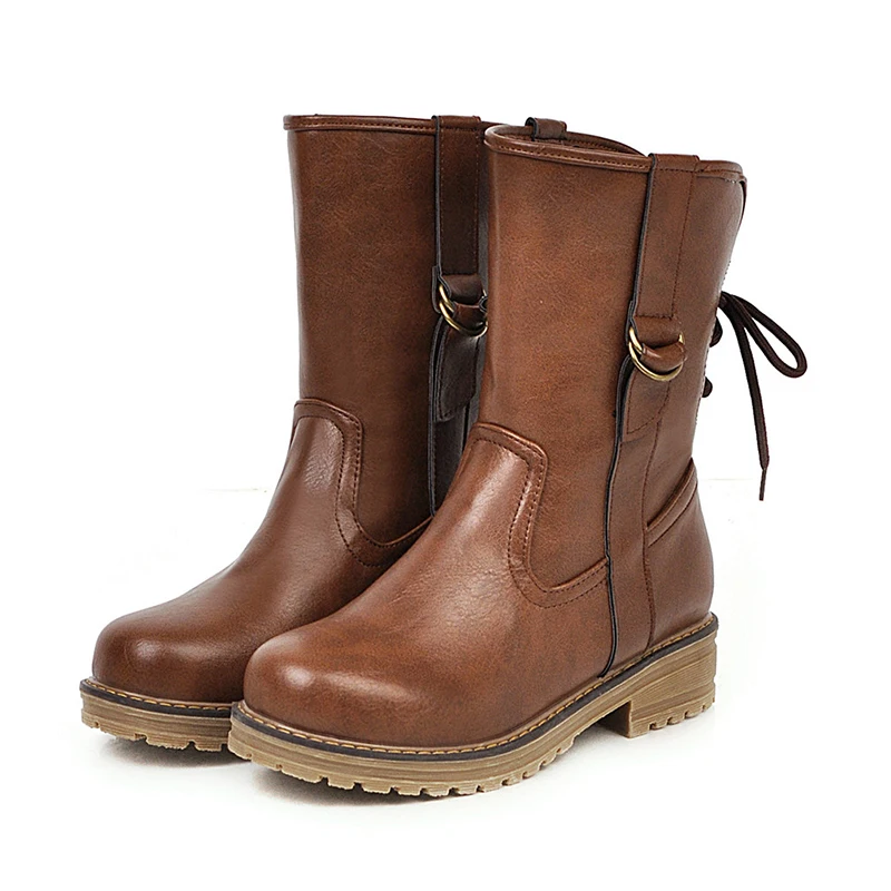 

Lucyever Winter Western Boots Women Retro Leather Mid Calf Boot Non-Slip Round Toe Lace-Up Motorcycle Boots Zapatos Mujer 2021