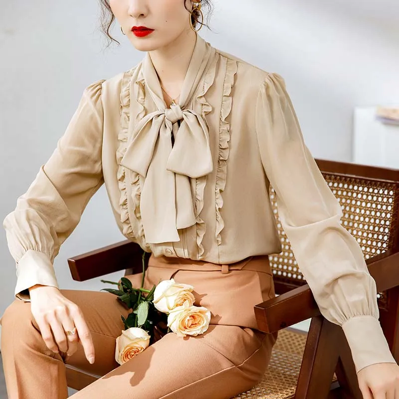 

100% Silk Women's Shirt Lace Up Bow Collar Long Sleeves Ruffles Elegant Blouse Fashion Ladies' Camisa Tops