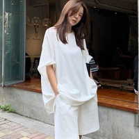 women home clothes korean white t shirt two piece suit loose high waist pants room wear 2021 summer