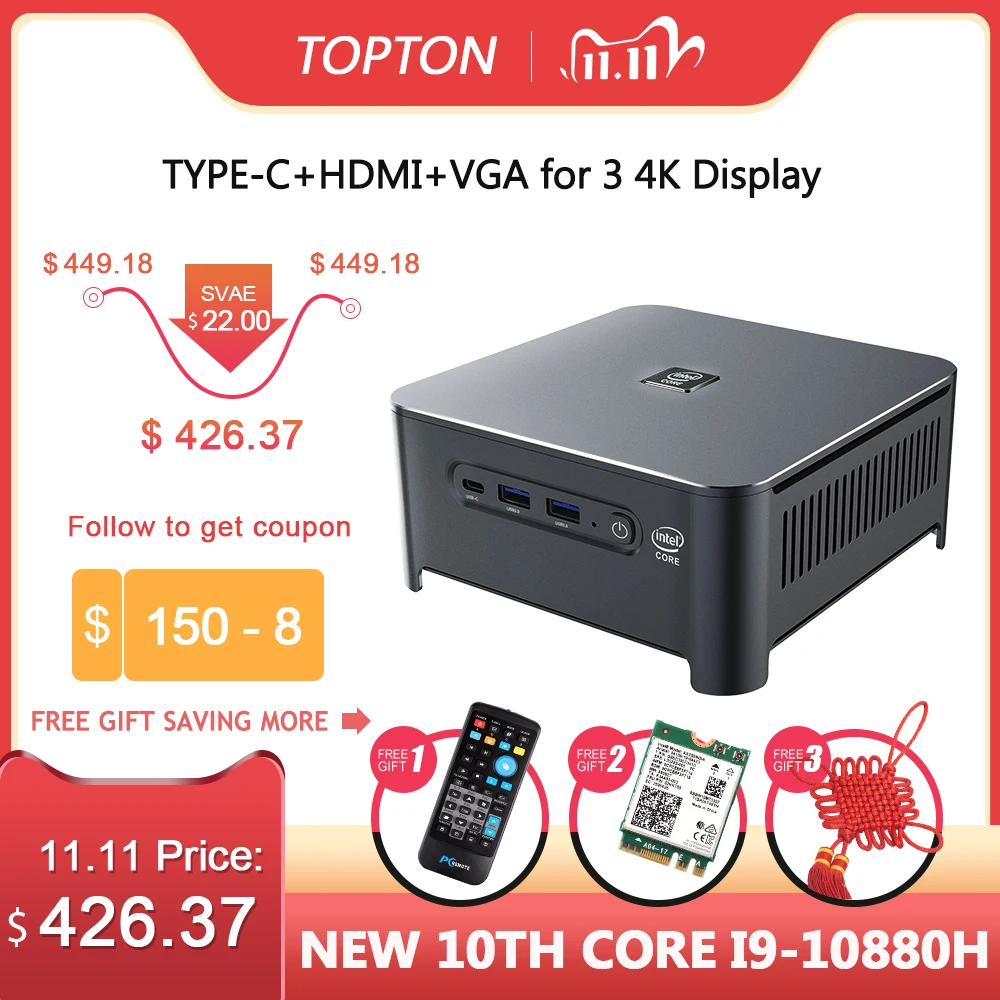 Топ 10 го поколения Core i9 10880H i7 10750H Intel Mini PC 2 LAN Windows * DDR4 NVMe игровой компьютер DP HDMI Type C