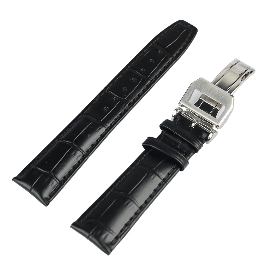 Rolamy  20 22mm  Real Calf Leather Black Brown Luxury Wrist Watch Band Strap With Silver Brushed Clasp For IWC Seiko Tudor