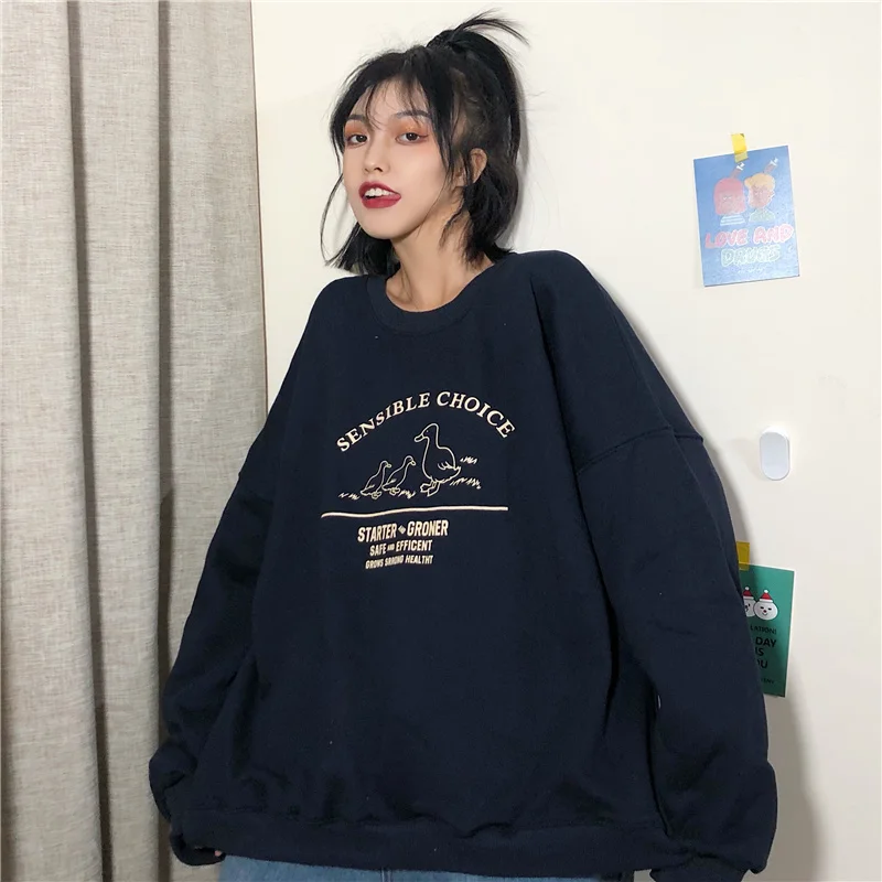 Женские толстовки с круглым вырезом и принтом универсальные свободные корейский