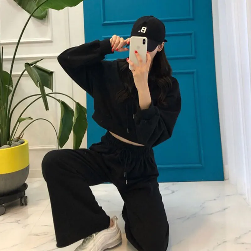 2020 Autumn Black Gray Tracksuit Pants Suit Women Two-piece set Hoodies Casual Sporting Coat Top+Bell-bottomed Sets BW356 | Женская