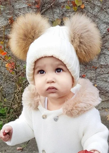 children's winter toddler baby kids natural real fur hat cap beanie with 2 two double pompom ears funny for boys and girls | Детская