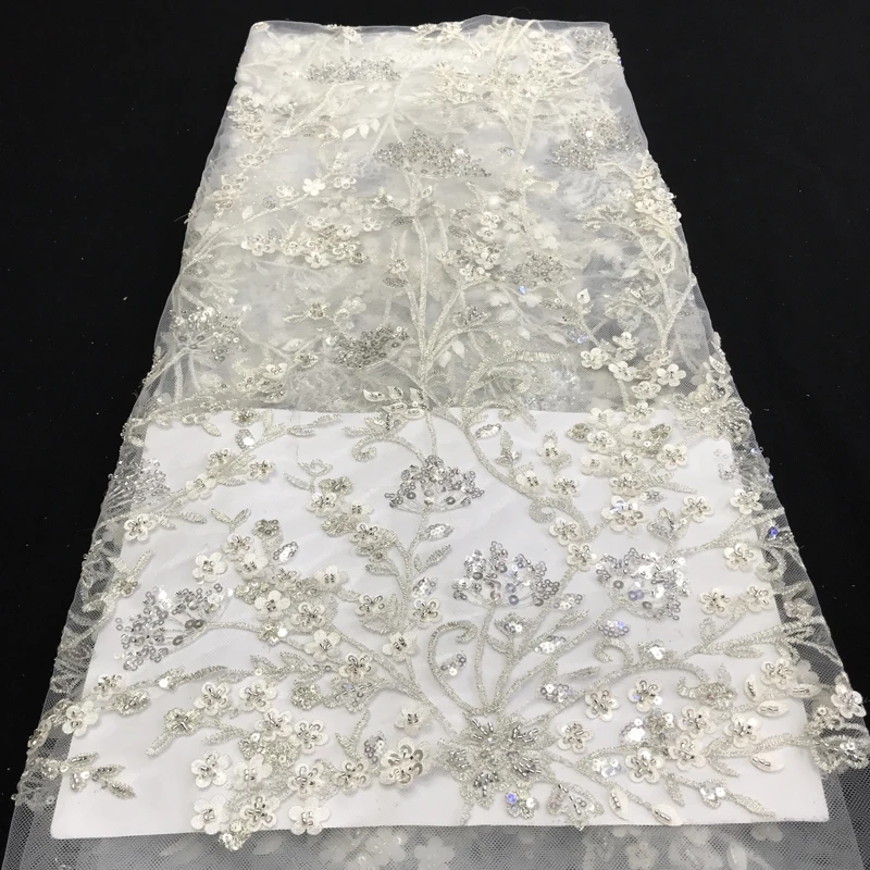 

5 Yard Lace Fabric 2020 High Quality Lace Embroidered Flowers White Lace With Sequins Tulle Voile Polyester Fabrics For Dresses