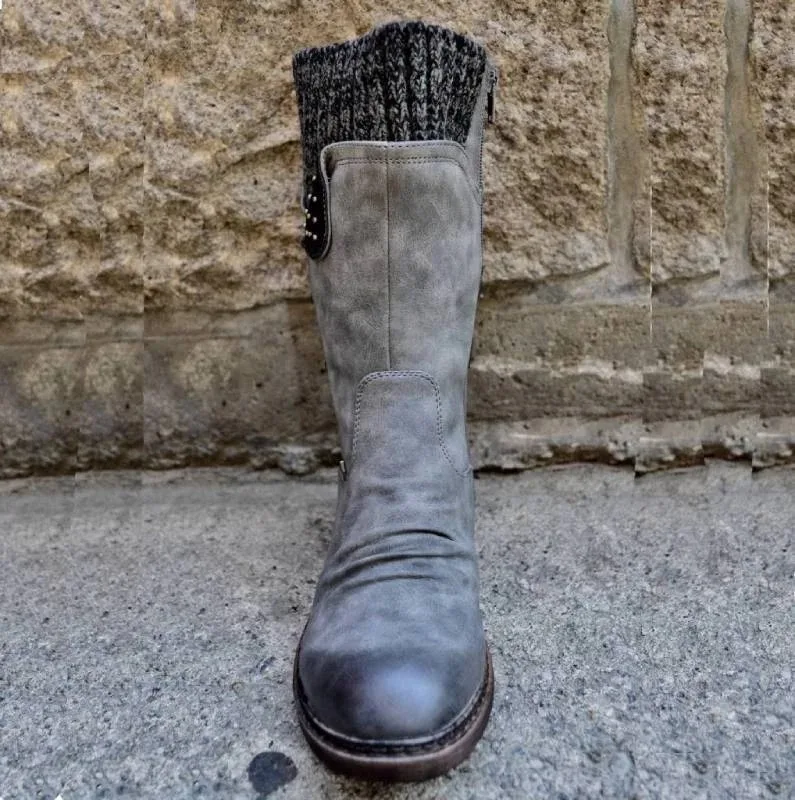 Women Boots Fashion Autumn PU Mid-Calf Boots With Back Lace-up Boots Solid Color Low Heels Shoes Botas Mujer Dropship