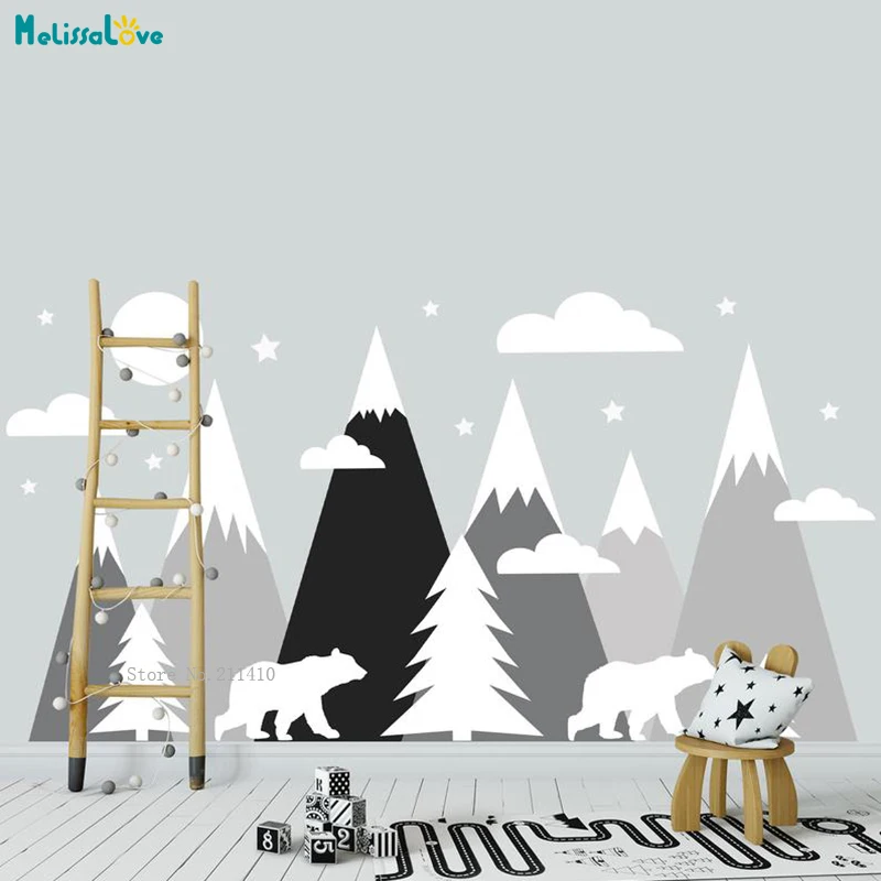 

Large Mountain Lovely Wall Stickers Nursery Decor Kids Room Pine Trees and Bears Decals Moon Stars Murals YT5936
