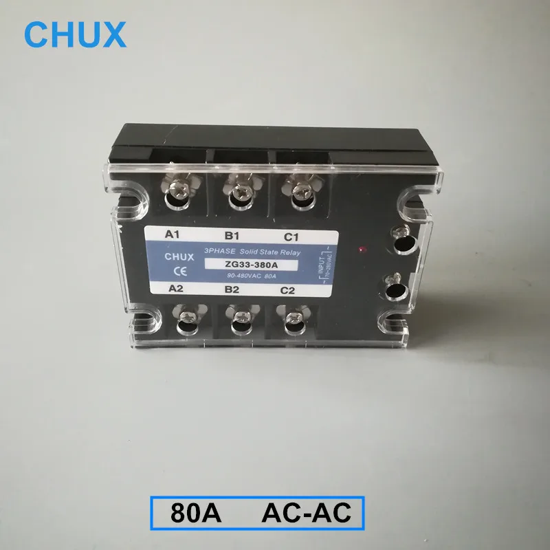 

CHUX Three Phases Solid State Relay 80A AC control AC 70-280VAC 220V to 90-480VAC SSR 80AA