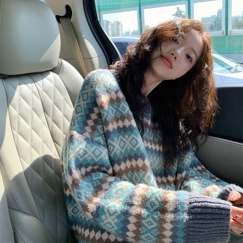 

Women's Sweater Winter Autumn Retro Jacquard Long Sleeve Pullovers New Korean Version Wild Oversize Thickened Jumper Top Woman