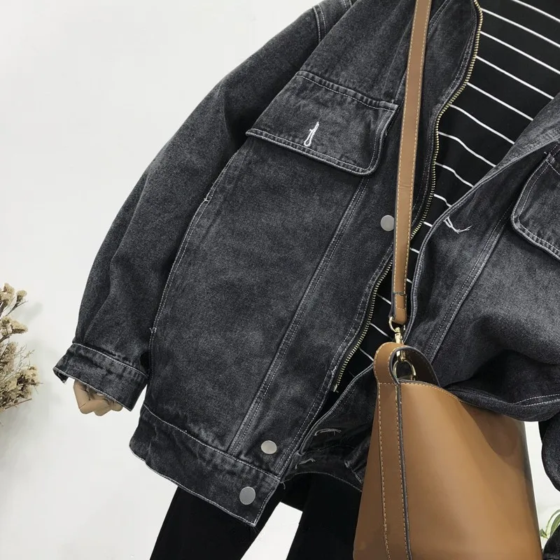 

Vintage Long sleeve Oversized Women Fall Korean Mid-length Denim Jacket Loose Single-breasted Blue Casual Jeans Jaqueta Feminina