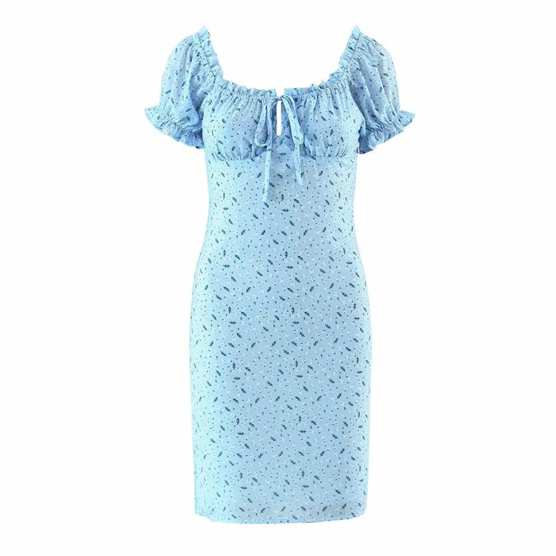 

2021 New Ladies Spring Summer Casual Short Dress Women Fresh Pastoral Blue Bottom Small Floral Short Sleeve Lace Dresses