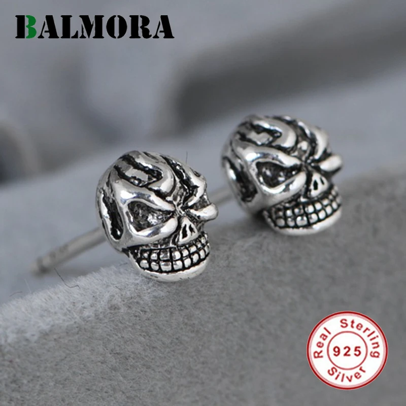 

BALMORA 100% 925 Silver Punk Skull Head Earring For Women Men Girl Female Retro Personality Earrings Dangler Daily Jewelry Gift