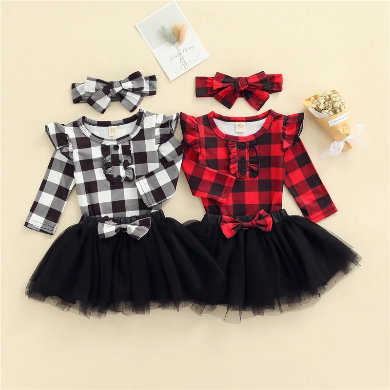 

Комплект хлопковой одежды для новорожденных девочек, комплект из 3 предметов, клетчатый комбинезон с круглым вырезом и длинным рукавом, юбк...