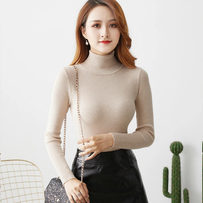 

CN 2021 Autumn Winter Sweater Women Fashion Sliod Color Long Sleeve Pullover Sweater Elegant Slim Fit Turtleneck