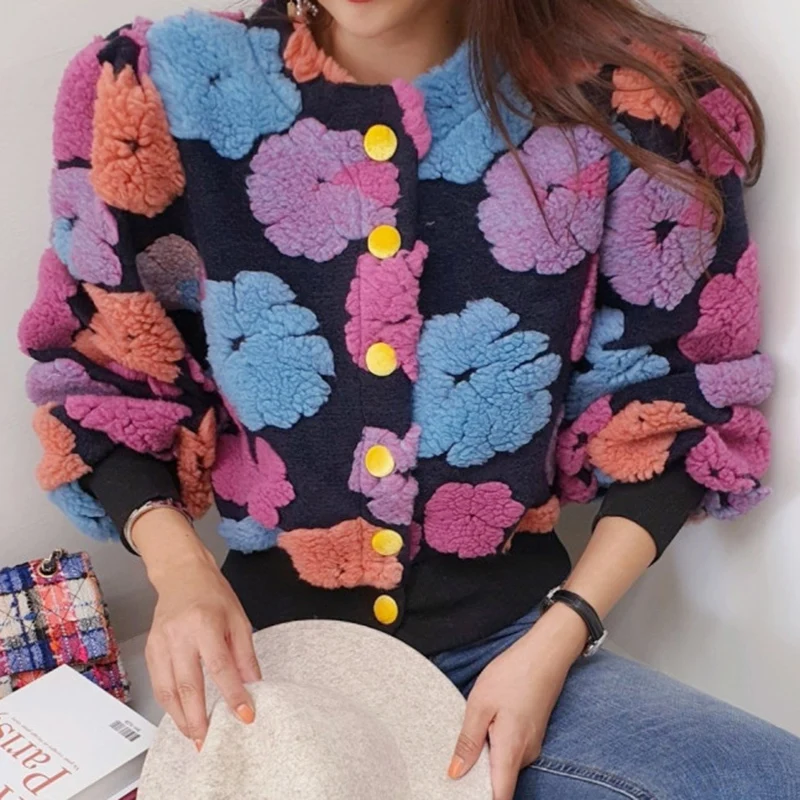 Korejpaa 3D Flocking Flowers Cardigans Women Autumn Retro Round Neck Single-breasted Puff Sleeve Short Coat Female Elegant New |