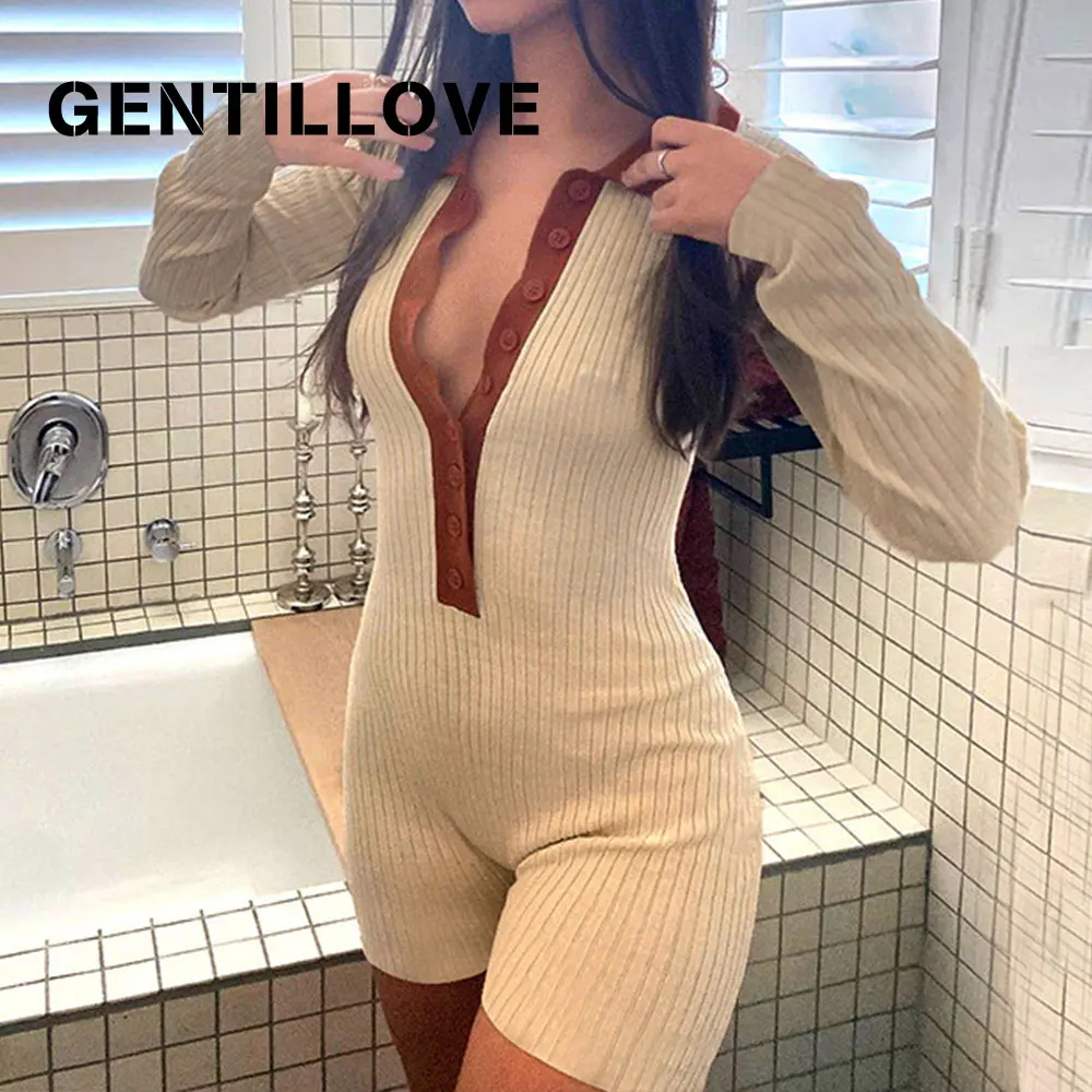 

Long Sleeve Sexy Single Breasted Women Jumpsuit Turn Down Collar Autumn Slim Ribbed Playsuits Hot Bar Club Biker Shorts Romper