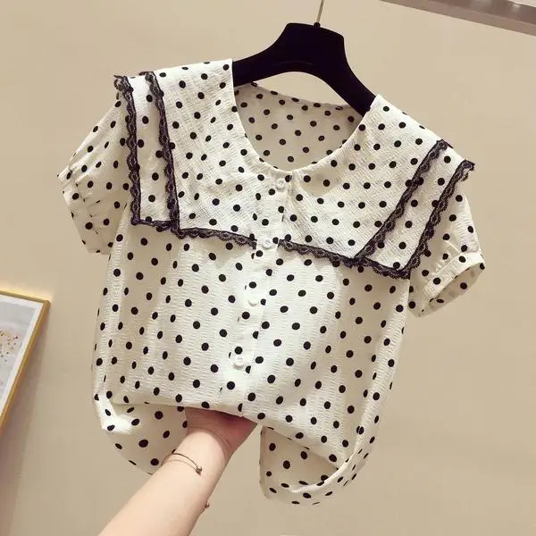 

New Doll Collarr Women Shirt Summer All-Match Short Sleeve Chiffon Top Fashion Wave Point Elegant Plus Size Slim Women's Blouse