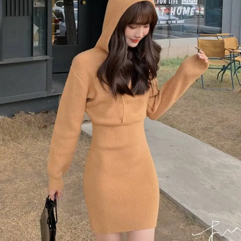 

One-Piece Korean Mini Sweater Knitted Dress Casual Long-Sleeved Knitted Dress Female Elegant Spring And Autumn TOPs