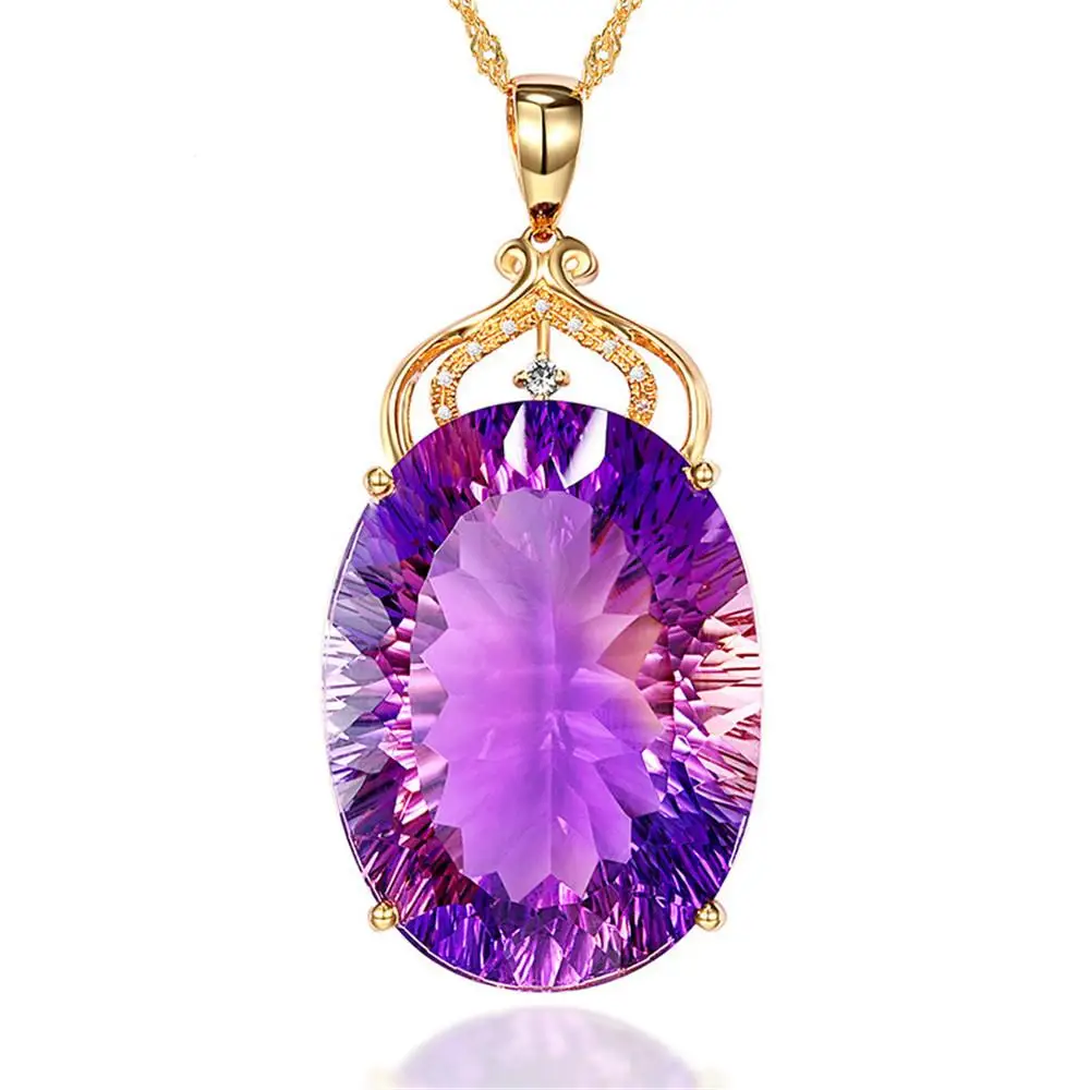 

Big purple crystal Amethyst gemstones pendant necklace for women luxury 18k gold color choker diamond party jewelry bijoux gifts