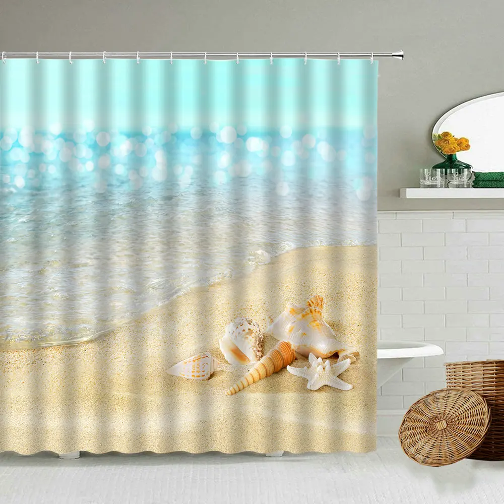 

Conch Shell Blue Sea Beach Shower Curtain European Mediterranean Vacation Family Bathroom Bathtub Art Waterproof Cloth Curtains