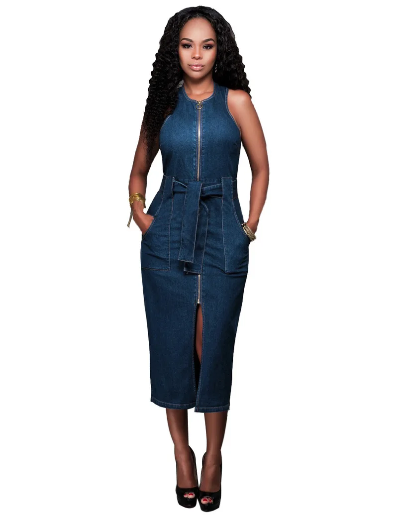 

Sexy Sleeveless Denim Dress for Women Front Split with Belted Zipper Long Dresses Blue