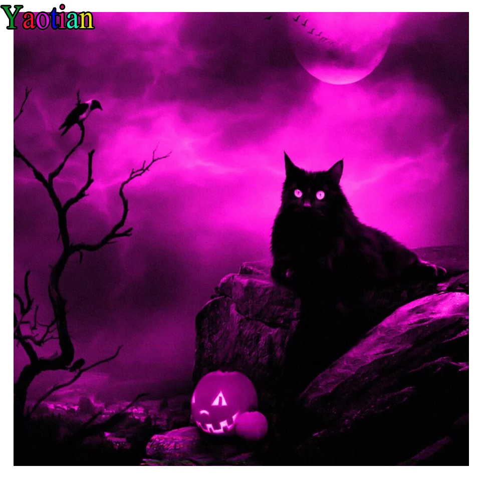 

5D Diy Diamond Painting Full Square Black cat pumpkin purple background Cross Stitch Mosaic Diamond Embroidery Halloween Gifts