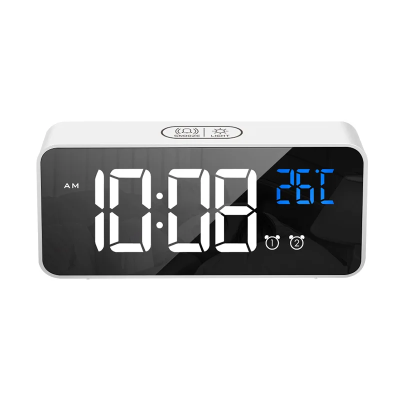 

LED Digital Alarm Clock Mirror Digital Music Clock 4 Adjustable Brightness Voice Control Dual USB Charging Ports Snooze Function
