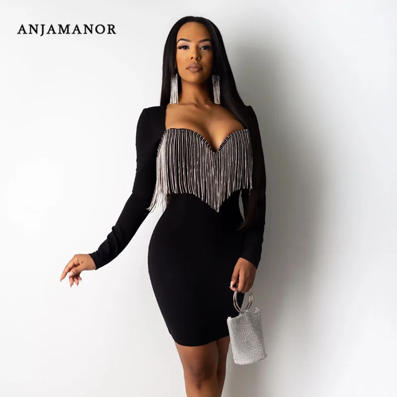 ANJAMANOR бриллианты кисточки длинный рукав облегающее платье женские элегантные