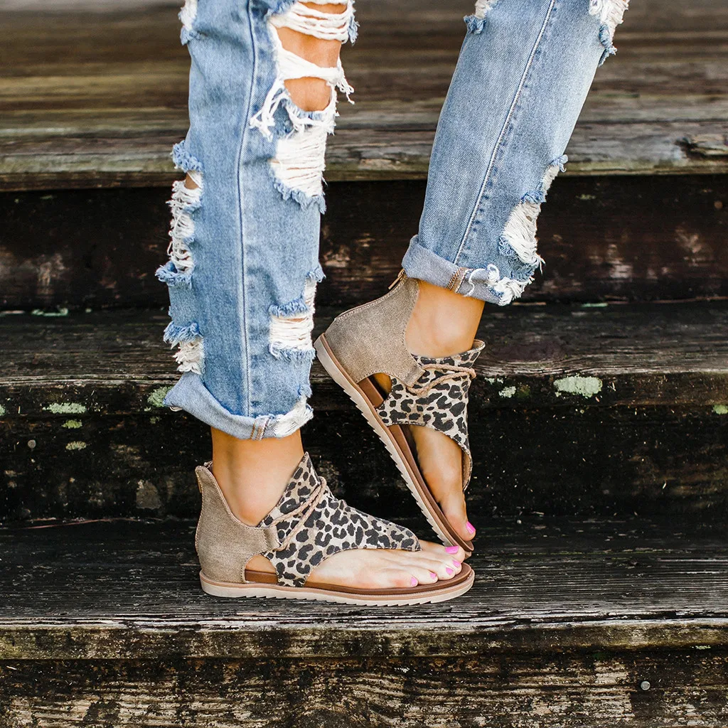 Women's Sandals Plus Size Summer Casual Roman Posh Vintage Leopard Flip Flop Comfy Beach Zipper Soft Shoes Freeshipping | Обувь