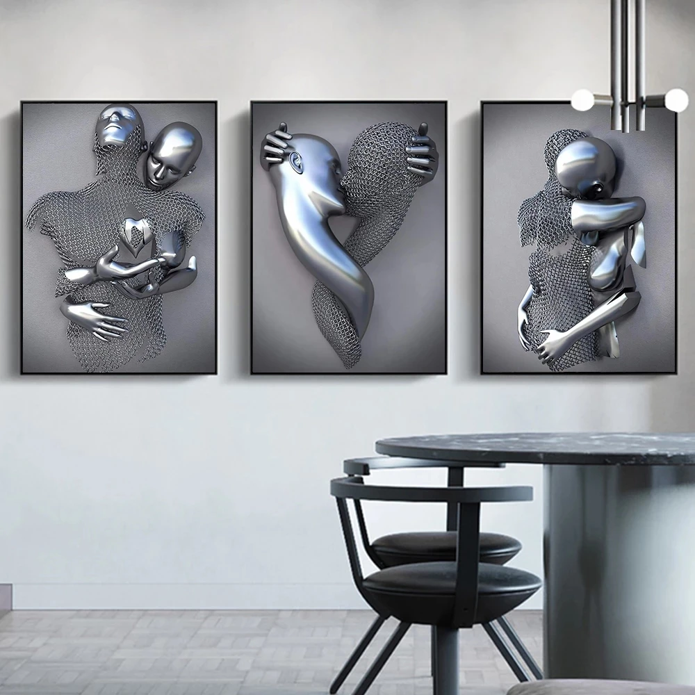 

Metal Couple Lovers Figure Statue Art Canvas Painting Romantic Sculpture Posters and Prints Wall Art Picture Living Room Decor
