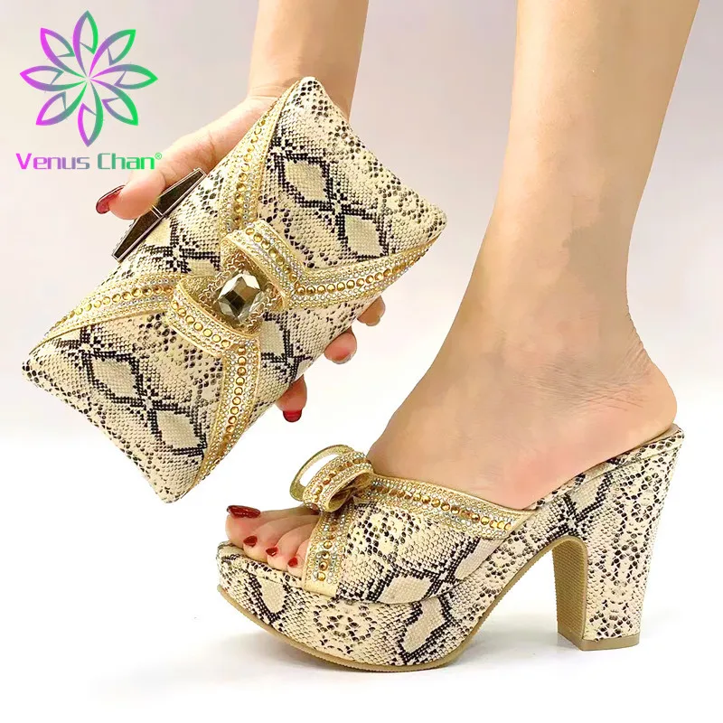 

High Quality 2020 Summer Italian Women Shoes and Bag Set in Golden INS Hot Selling African Lady Shoes Matching Bag for Wedding