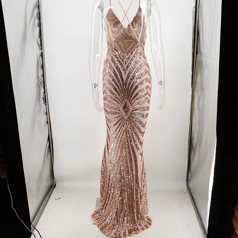 

Long Glitter Dresses For Women Birthday Party 2021 New Fashion Sequin Spaghetti Strap Dress Sexy V Neck Backless Vestidos Mujer