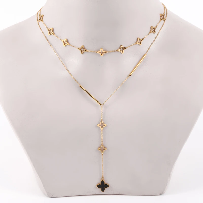 Корейские модные подвески Двухслойное ожерелье со звездами/четырьмя листьями