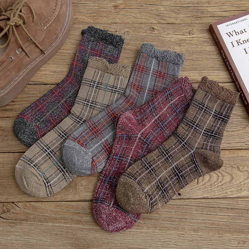 Новинка Осень 2019 женские носки в британском стиле клетку золотистые и