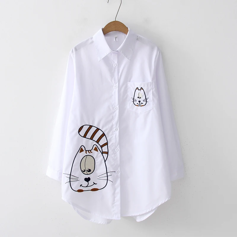 New White Shirt Casual Button Up Turn Down Collar Female Blouse Long Sleeve Cotton Blouse Embroidery Blouse Lady 5083 50