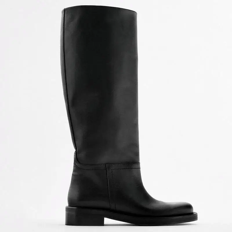 Женские сапоги до колена из коровьей кожи теплые на толстом высоком каблуке