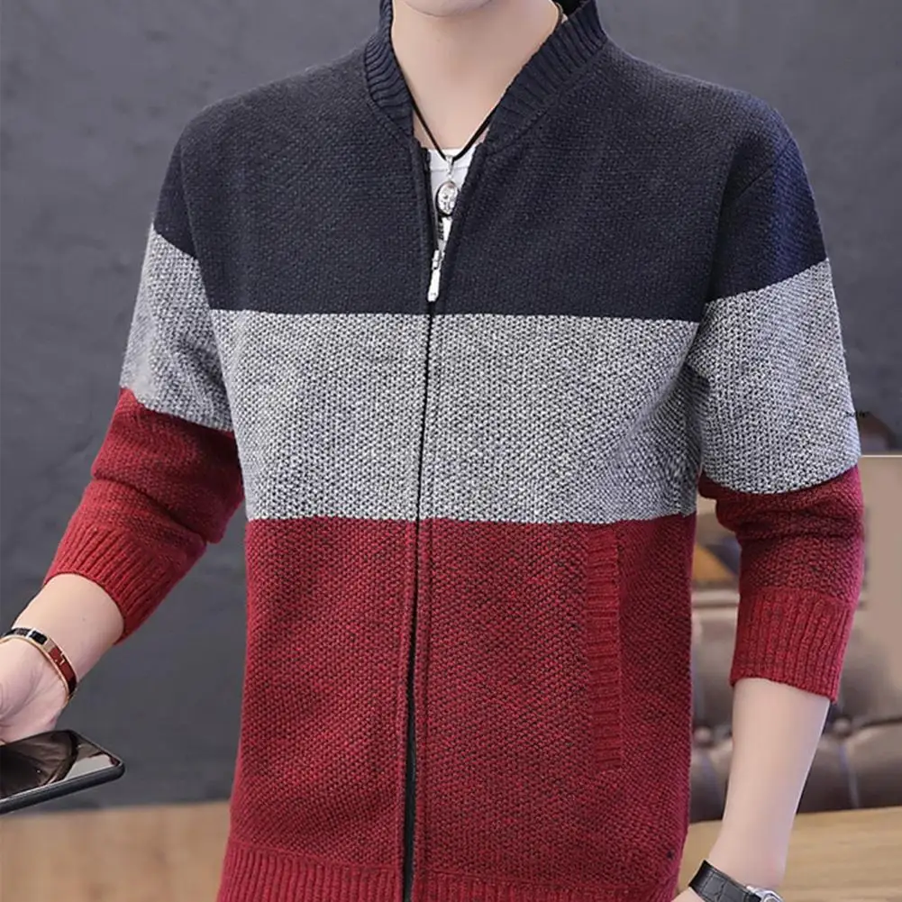 

Winter Fashion Patchwork Men's Knitted Jackets Thick Comfy Long Sleeve Sweater Coat Warm Stand Collar Fall Tide Casual Cardigan