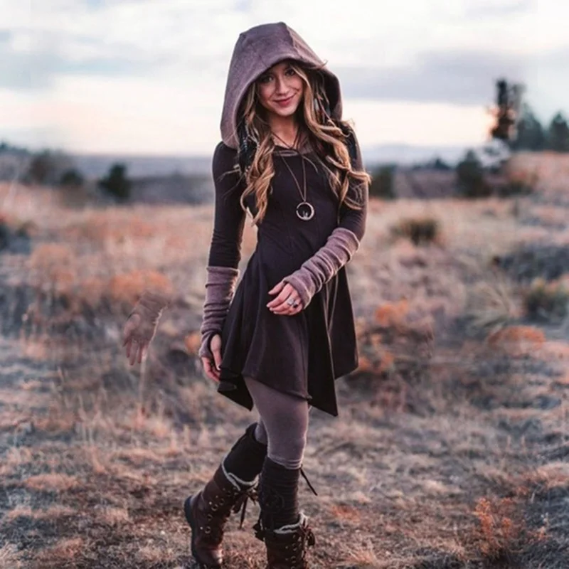 Женское модное готическое платье с капюшоном приталенное плиссированное