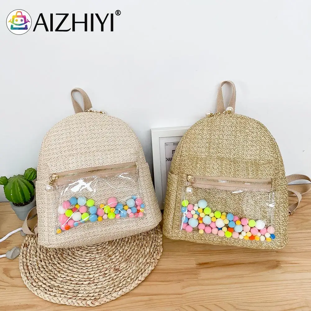 

Fashion Women Summer Straw Woven Patchwork Transparent Backpack Ladies Casual Small Purse Handbags Rucksacks durable Ladies Bag