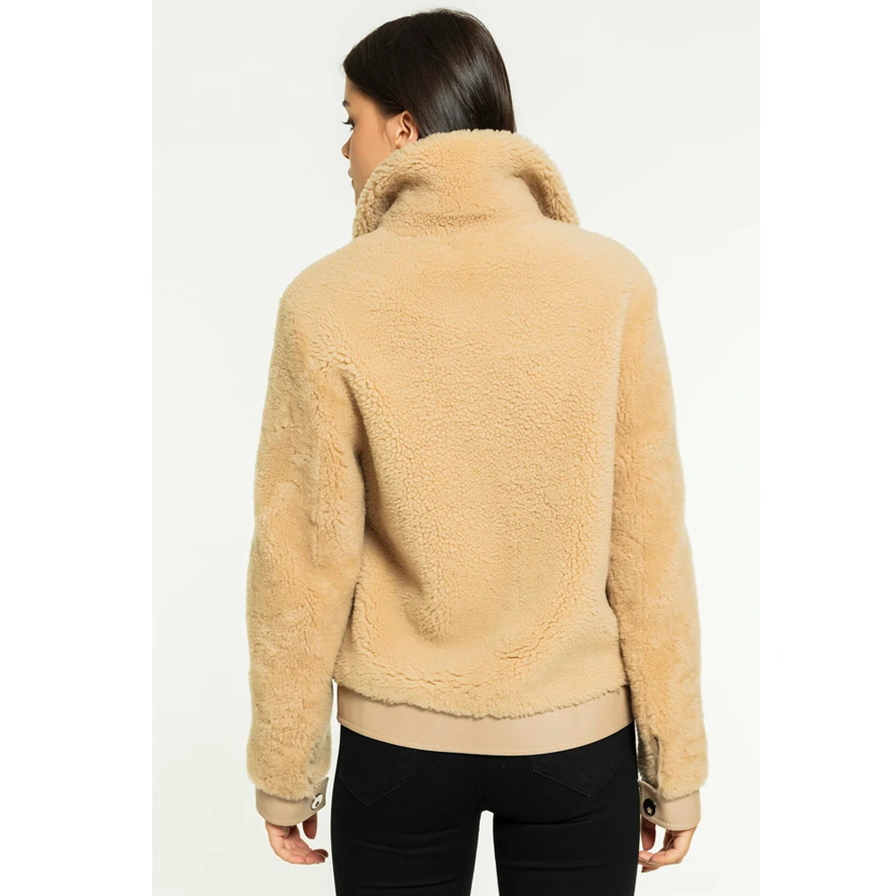 Womens Beige Shearling Jacket Turkey Fur Jacket College Wool Coat Short Leather Jacket Womens Coats