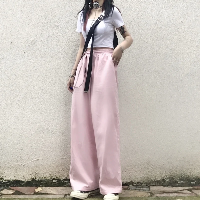 

Palazzo Pants Pink Loose Streetwear High Waist Baggy Hip Hop Trousers Women 2020 Autumn Korean Fashion Wide Leg Pants HH593