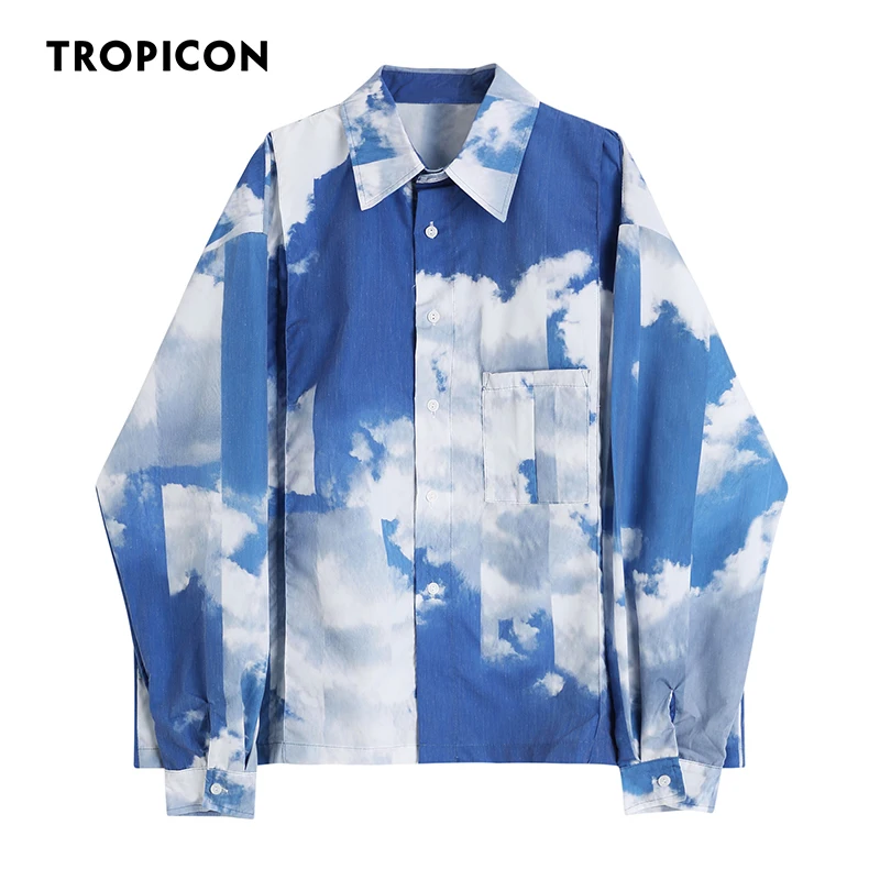 

TROPICON Sky Blue Print Long Sleeve Shirt For Women 2021 Fashion Tops And Blouses Oversized Button Up Collared Designer Shirt
