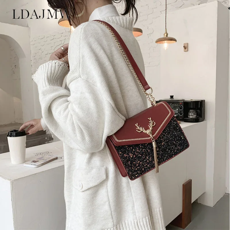 

New Ladies One-shoulder Crossbody Bags Leather Flap Mobile Phone Bag Sequins All-match Handbag Daily Storage Organizer