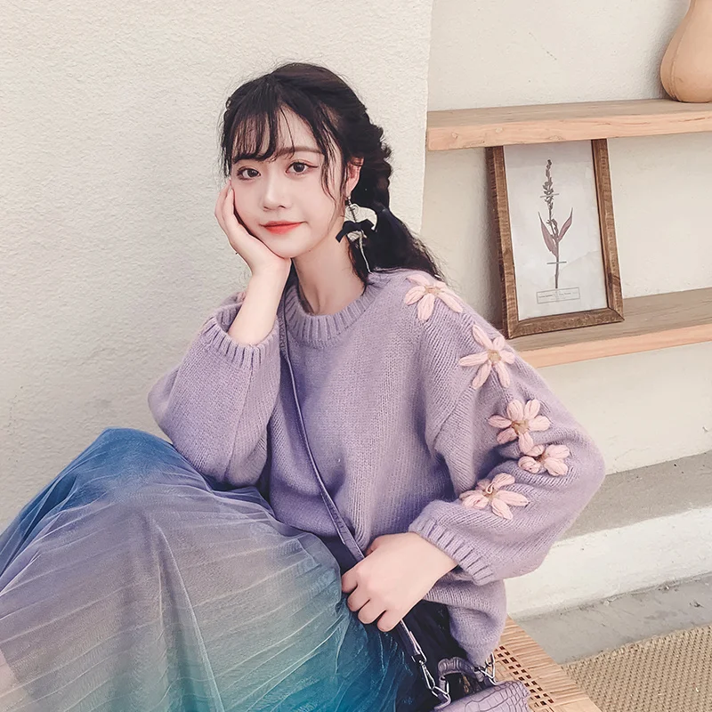 

Женский пуловер, пуловер пурпурного цвета с вышивкой, Осень-зима 2021